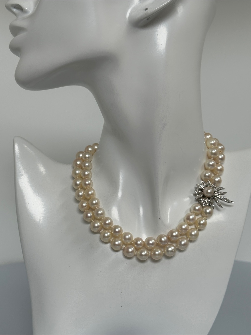 Mikimoto Diamond Ivory Double-Strand Pearl Necklace with Floral 14k Clasp